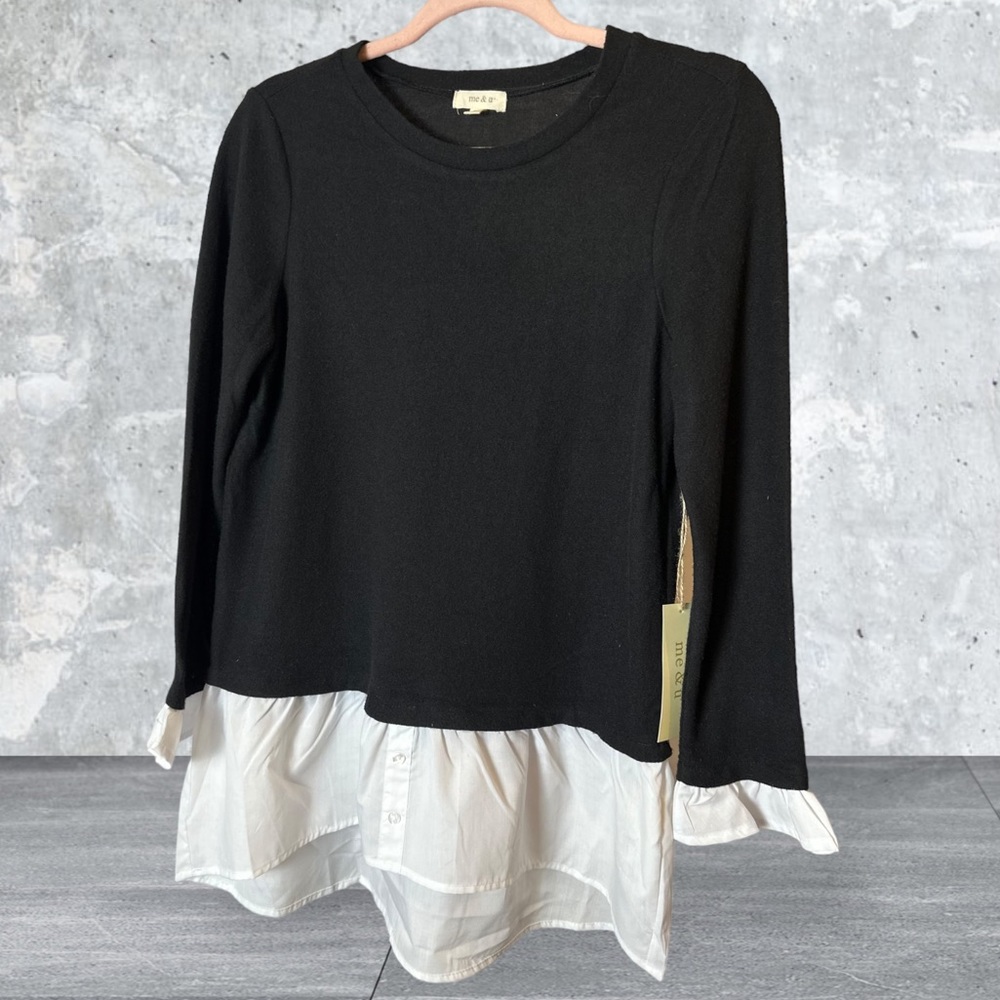 NWT Me & You Black Crew Neck Mock Layered Sweater Size Small